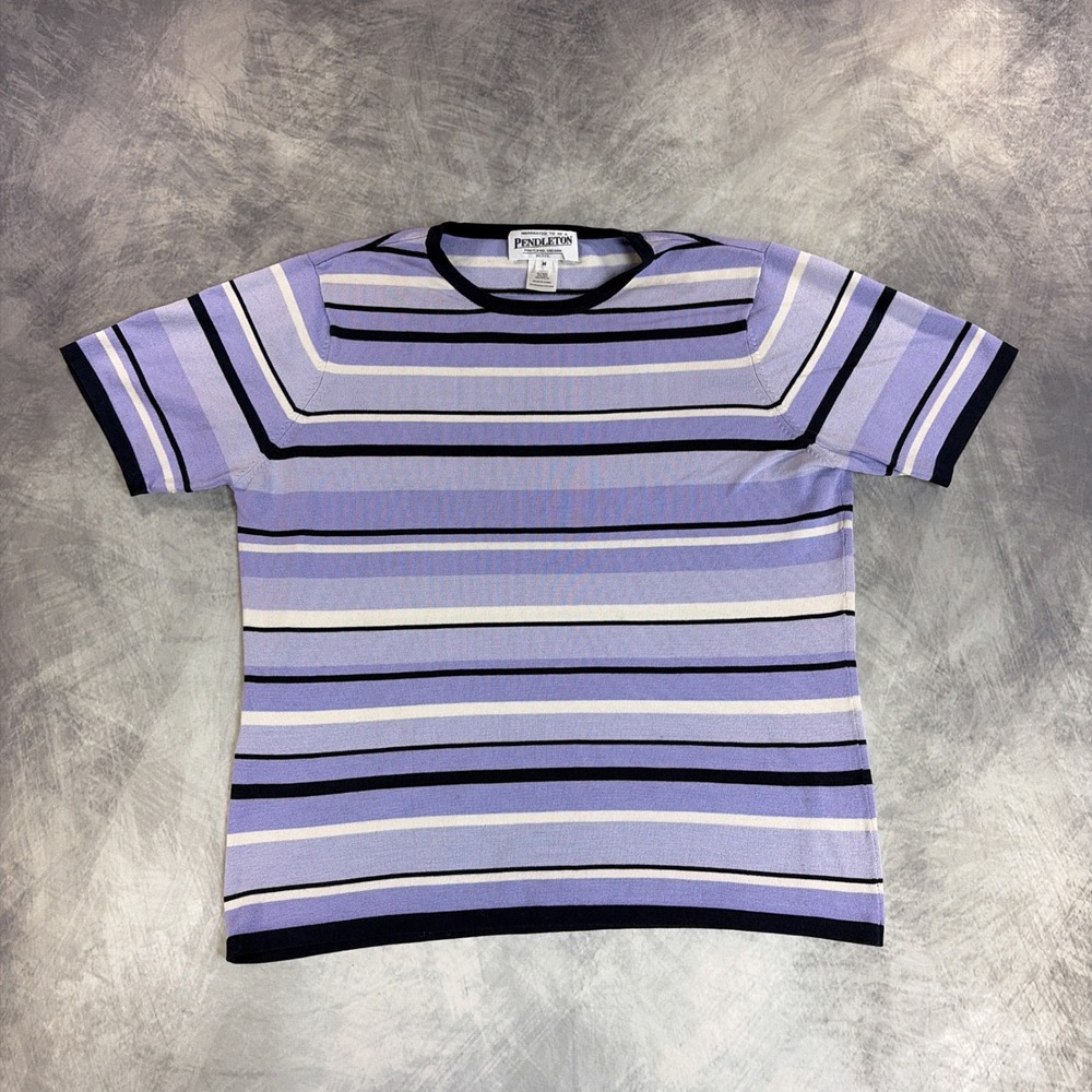 Vintage Pendleton Knit Top Womens Medium Purple Striped Silk Blend Short Sleeve